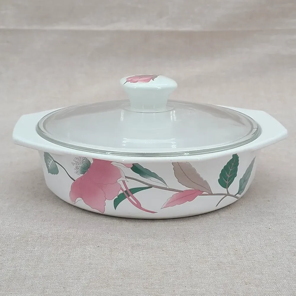 Vtg Mikasa Fire & Ice Silk Flowers Covered Casserole Dish 80's Glass Lid AA009